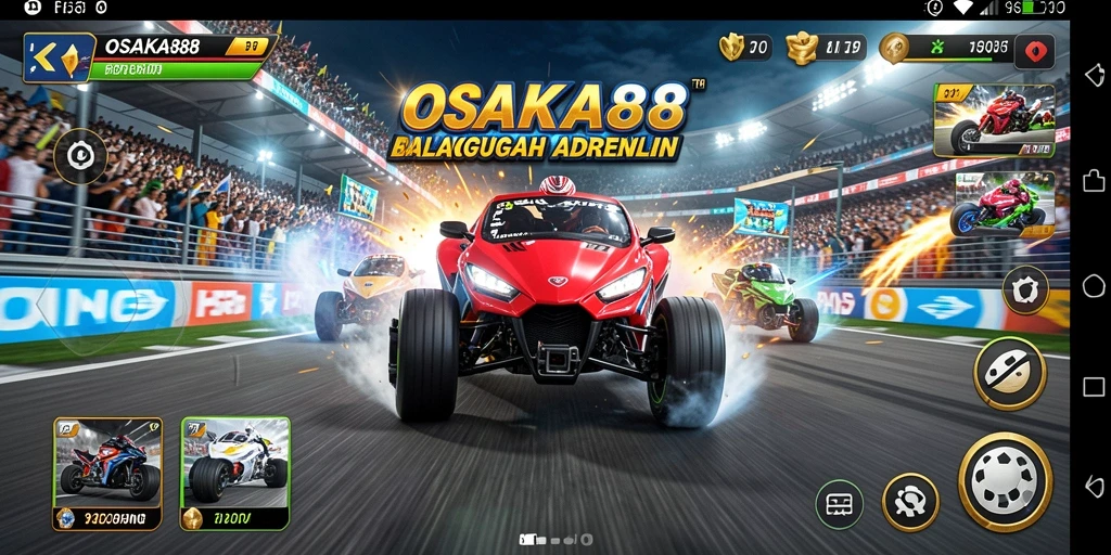 Screenshot OSAKA88 menampilkan balapan yang intens dan mobil yang bertenaga.